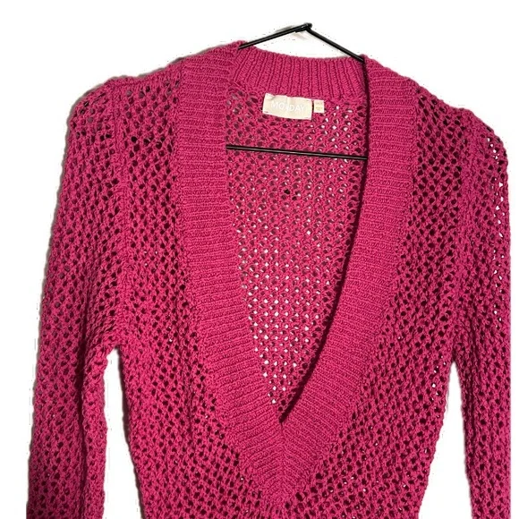 Monday Swim Tuscany Mini Dress Loose Knit Bodycon V Neck Fuchsia Hot Pink S - Picture 2 of 7